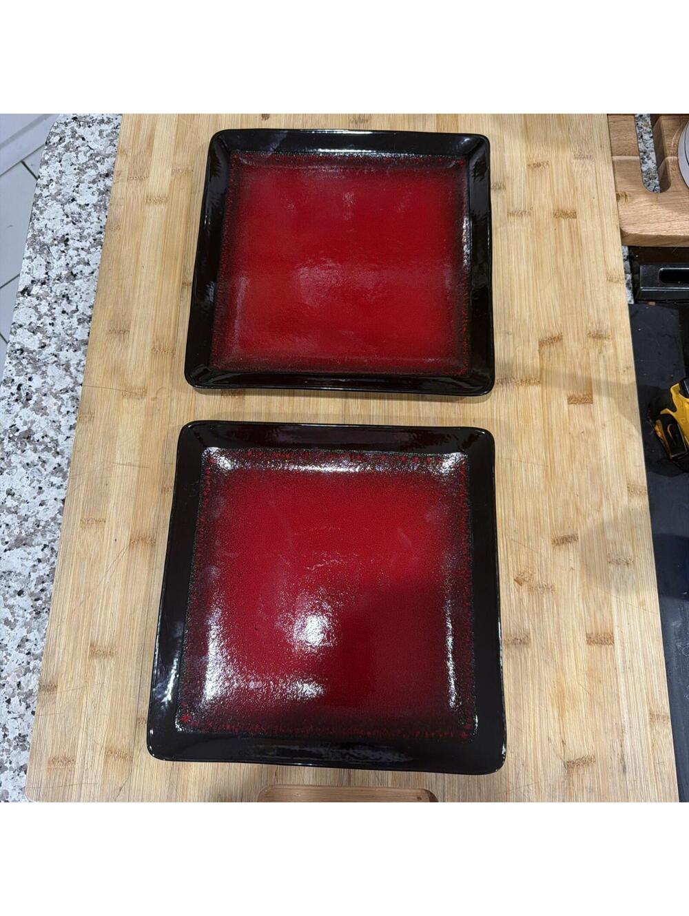 222 Fifth RAVI Red Black Stoneware Lot of 2 Square Dinner Plates *